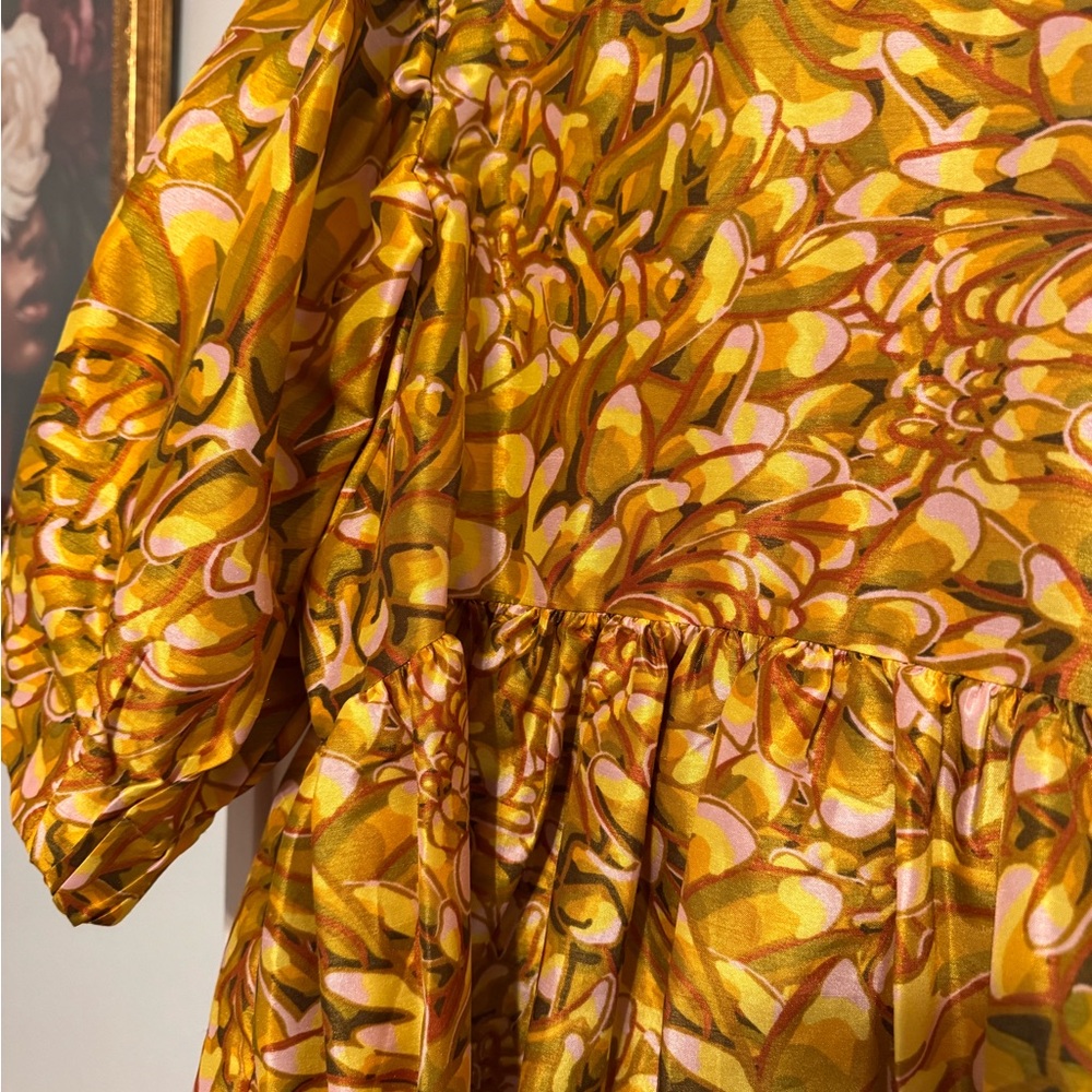 Kika Vargas Yellow and Pink Floral Puff Sleeve Dress—small